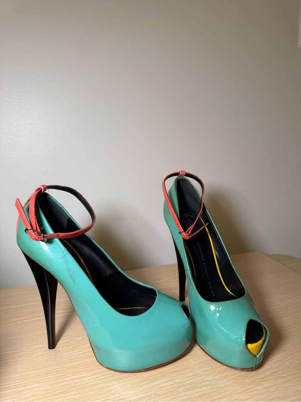 Giuseppe Zanotti Teal Patent Leather Peep-Toe with Coral Straps (Size 7/7.5)